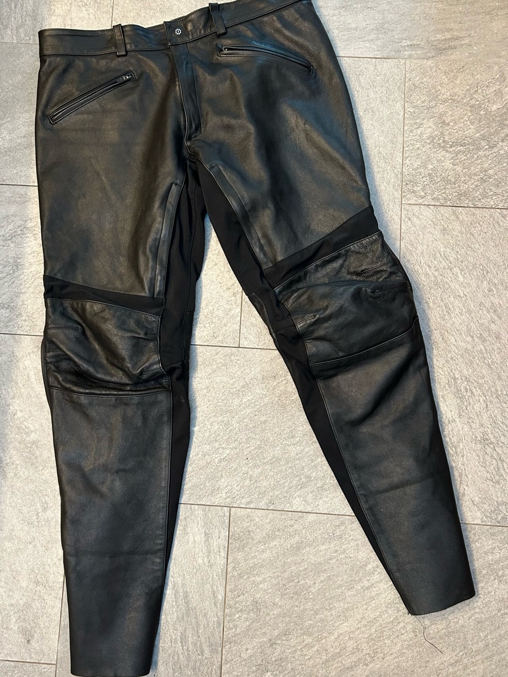 First gear Men's Black Leather Riding Pants with Stretch Panels size 44